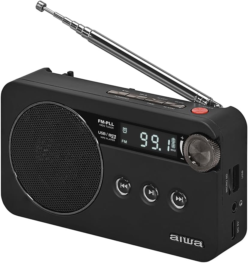 Rádio portátil Aiwa RS-77PLLBK – Compacto, recarregável e multifunções