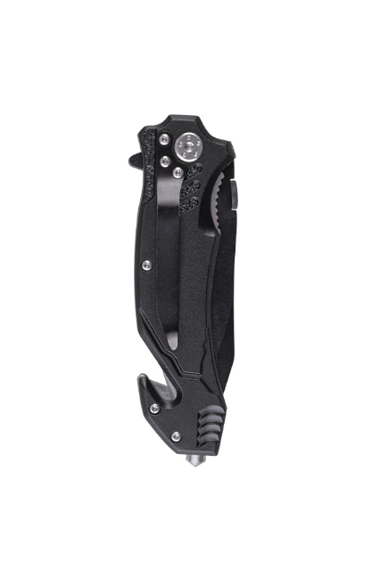 Cuchillo Plegable Fire Brigade – Acero Inoxidable 440A – Hoja Negra con Cortacinturón y Punta Rompevidrios