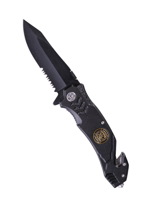 Cuchillo Plegable Fire Brigade – Acero Inoxidable 440A – Hoja Negra con Cortacinturón y Punta Rompevidrios