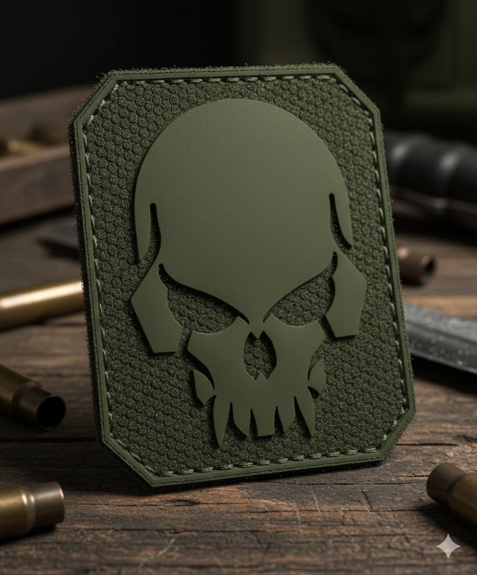 Patch 3D de caveira em PVC com velcro – Verde Oliva Tático Militar | Patch Mil-Tec