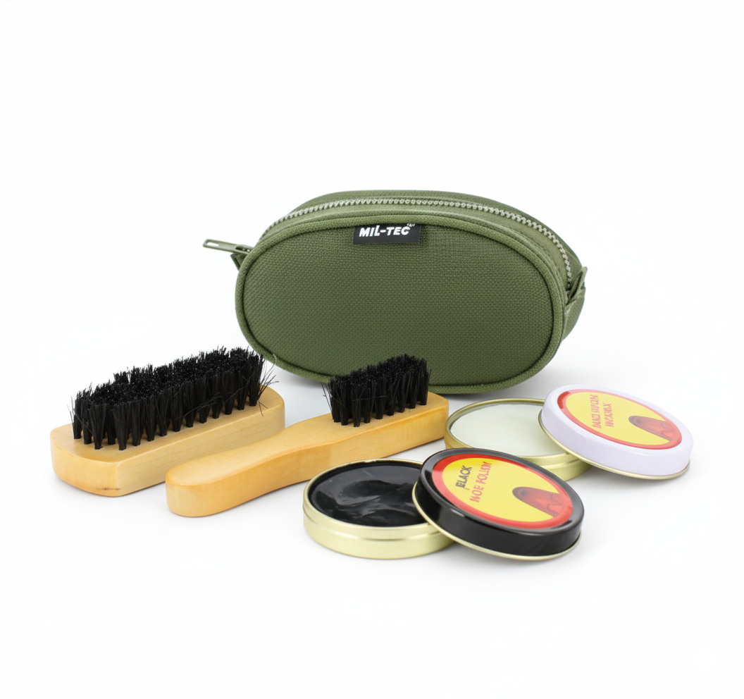 Mil-Tec Olive Green Shoe Cleaning Kit – Complete Portable Set with Brushes, Polish and Carrying Bag