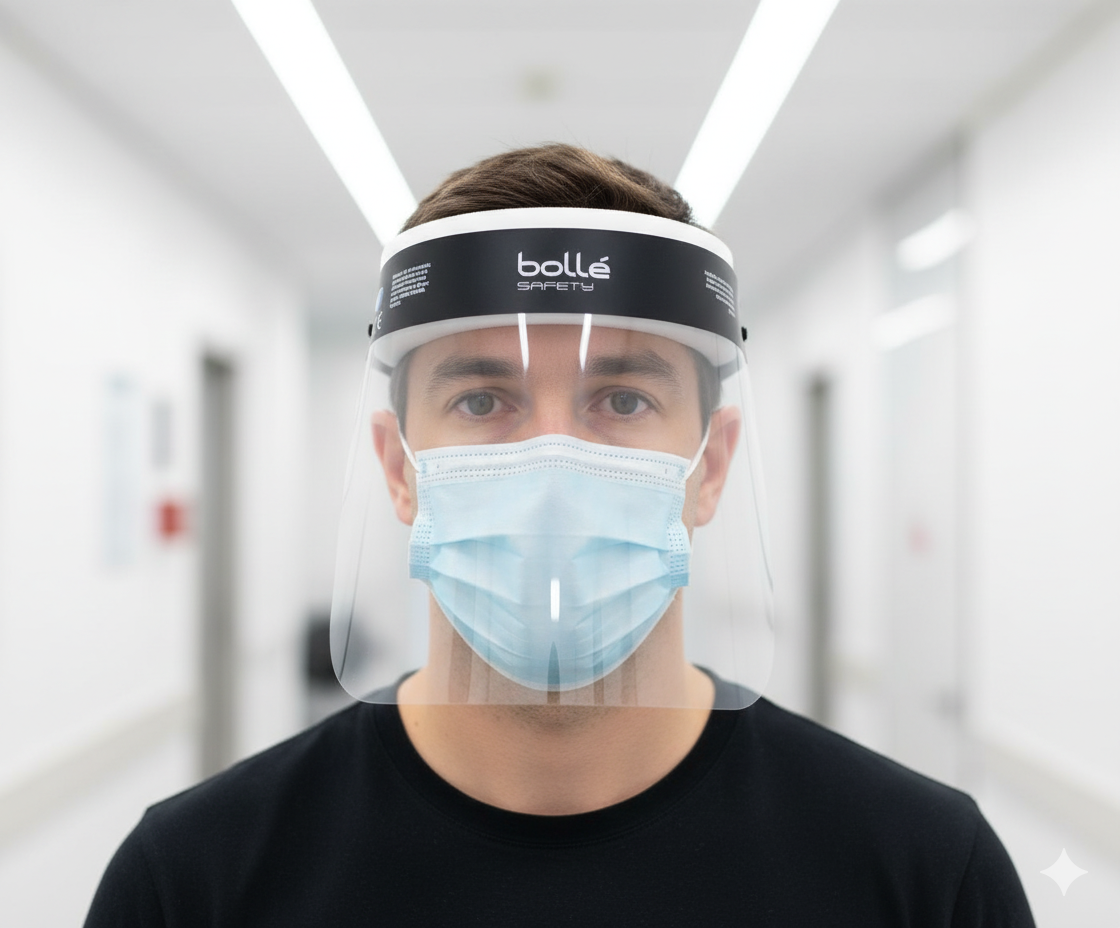 Protetor facial transparente em PET, 33x22 cm, com suporte em espuma – Proteção facial transparente