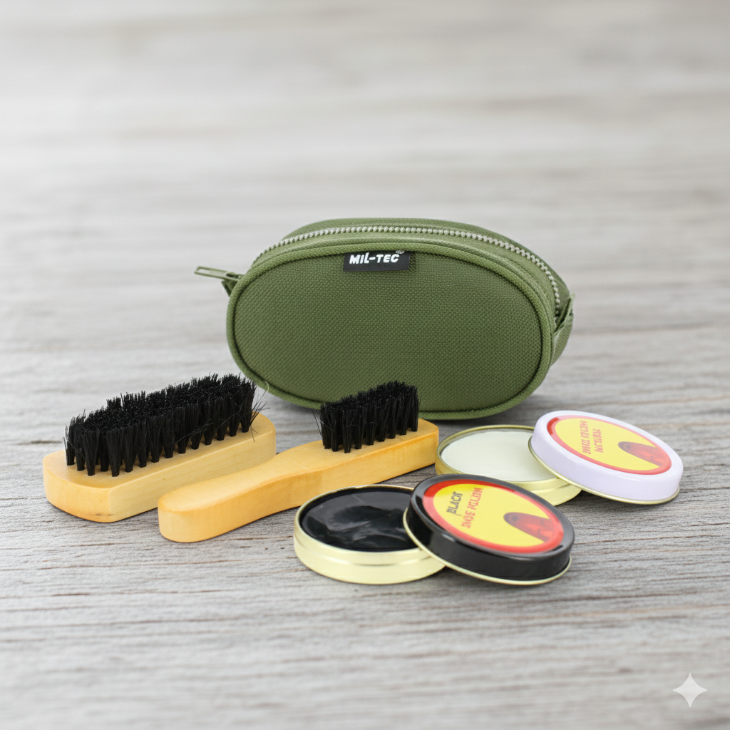 Kit de limpeza de calçado Mil-Tec verde azeitona – Conjunto portátil completo com escovas, massa lubrificante e bolsa para transporte.