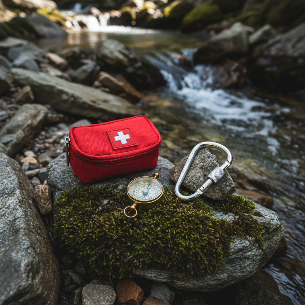 Kit Explorador Básico Rascafría – brújula, botiquín y mosquetón en entorno de montaña