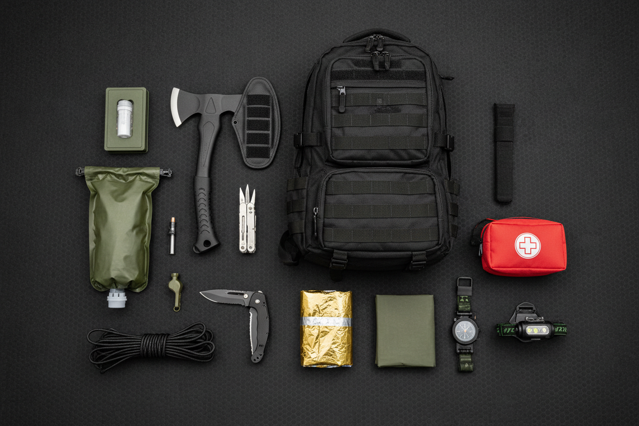 Kit de Supervivencia Completo Northvivor - flat lay táctico con todos los productos del kit