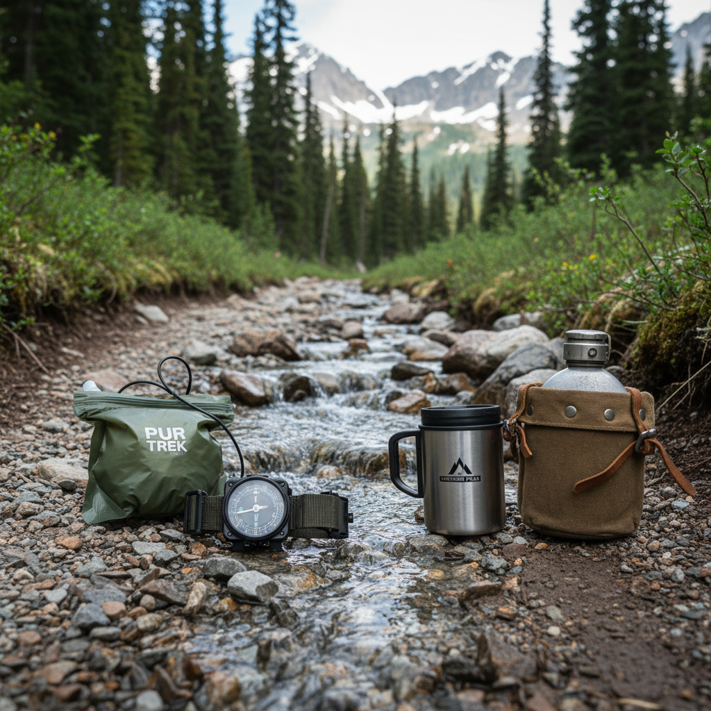Kit Expedición Valle Rascafría – brújula de muñeca, filtro de agua, taza térmica y cantimplora en arroyo de montaña